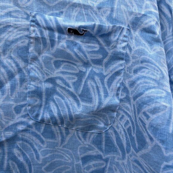 XL Vineyard Vines Blue 100% Linen Palm Print Tucker Button Down Shirt - Picture 5 of 9